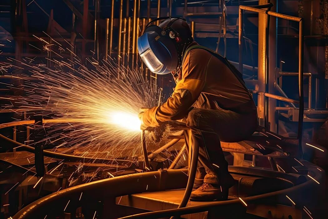 a worker while doing a welding with arc welder power plant at factory generative ai photo
